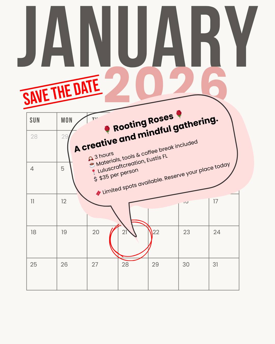 🗓️ Wednesday, January 21
🕰️ 3 hours
☕ Materials, tools & coffee break included
📍 Luluscraftcreation, Eustis FL
💲 $35 per person

🎟️ Limited spots available
Reserve your place today ✨

#CreativeEvent #MindfulWorkshop #FloralExperience #SelfCareTime #luluscraftcreation #eustisflorida #eustisflorist #clermont