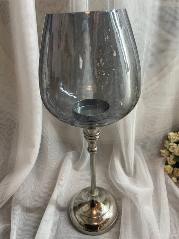 Glass chalice candle holder with metal base for tea lights or small votive candles - Image 7