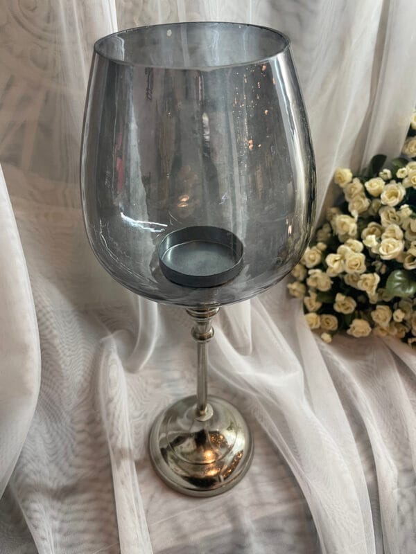 Glass chalice candle holder with metal base for tea lights or small votive candles - Image 6