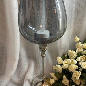 Glass chalice candle holder with metal base for tea lights or small votive candles