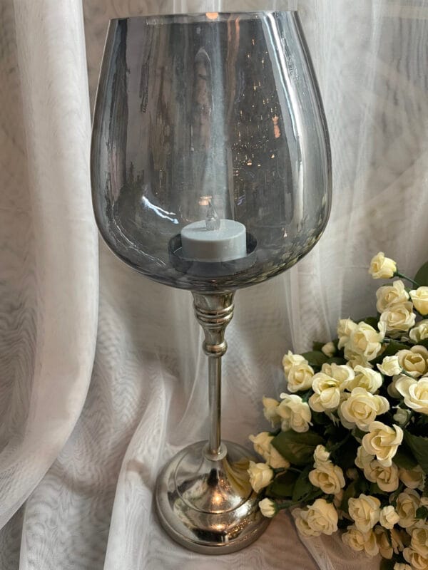 Glass chalice candle holder with metal base for tea lights or small votive candles