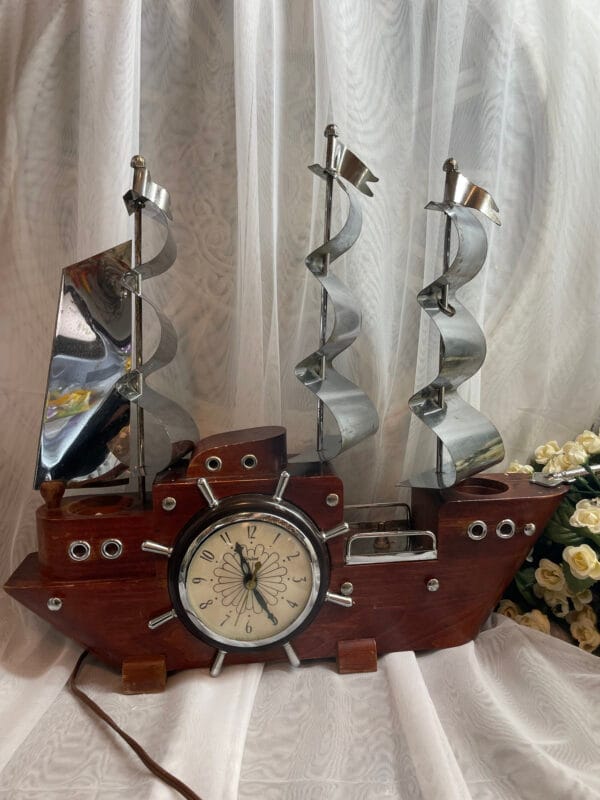 Vintage Wooden Ship Lamp with Clock – Nautical Statement Piece