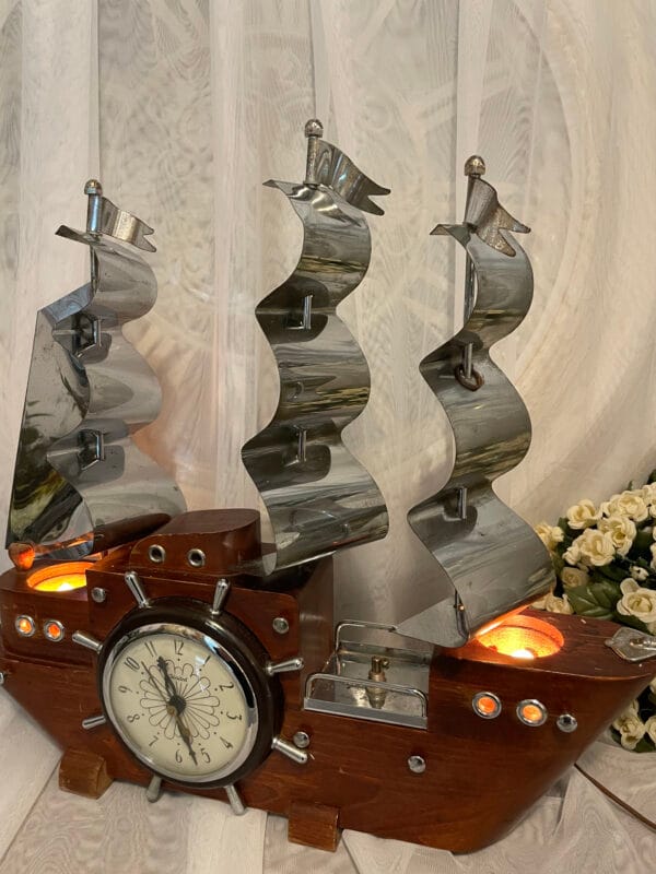 Vintage Wooden Ship Lamp with Clock – Nautical Statement Piece - Image 5