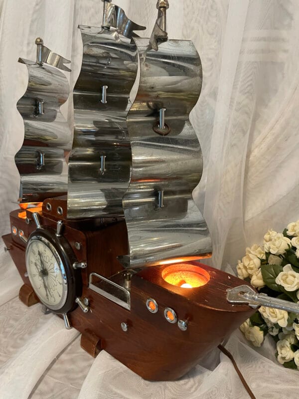Vintage Wooden Ship Lamp with Clock – Nautical Statement Piece - Image 4