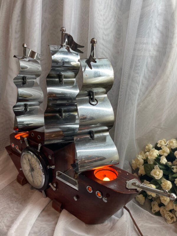 Vintage Wooden Ship Lamp with Clock – Nautical Statement Piece - Image 3