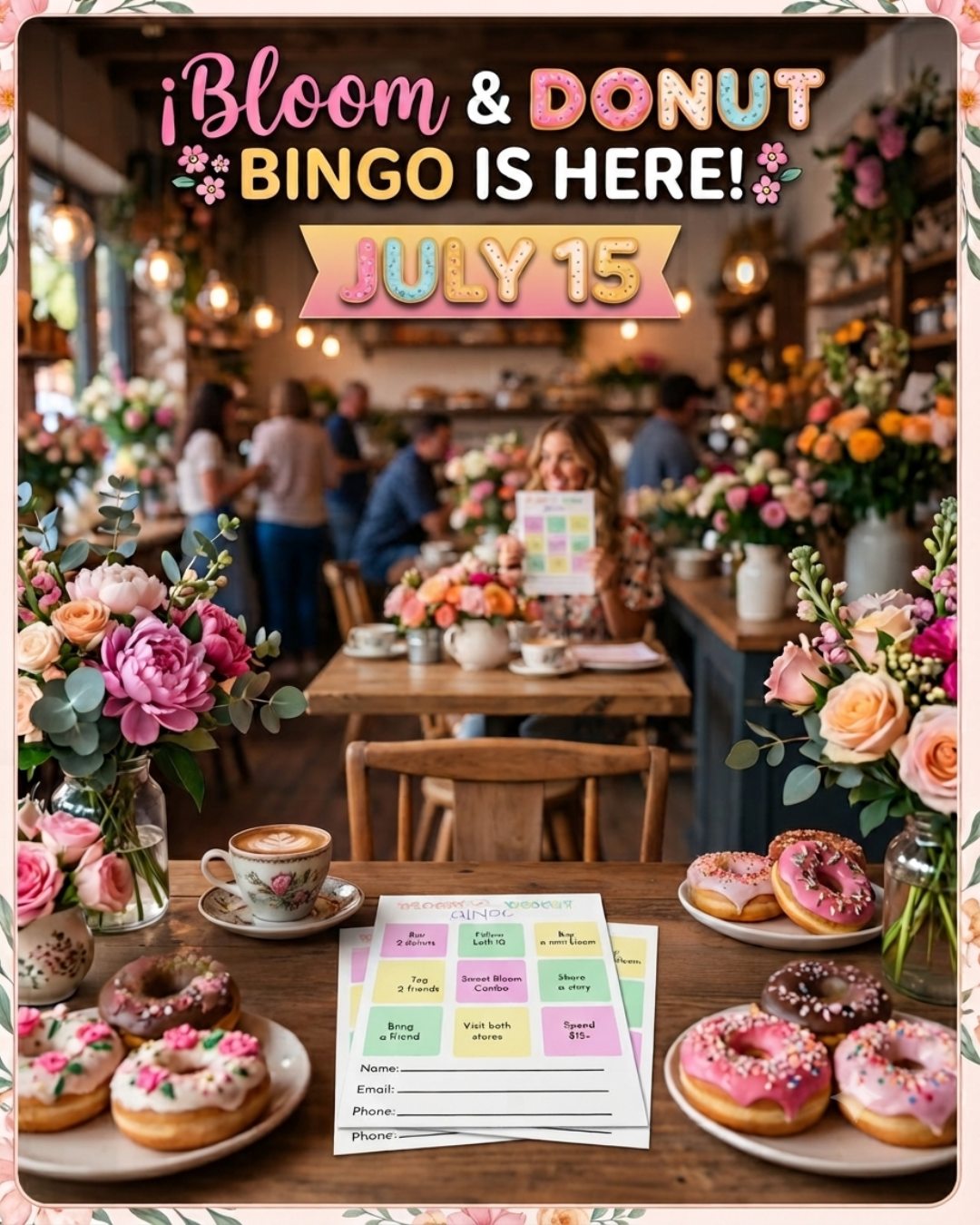 🌸🍩 BLOOM & DONUT BINGO IS HERE! 🍩🌸

Shop, share, and complete your Bingo card for a chance to WIN amazing prizes!

🎯 How to Play

Pick up your Bloom & Donut Bingo Card in-store.
Complete the activities on the card and receive a stamp for each completed square.
Get 3 stamps in one straight line (horizontal, vertical, or diagonal) to earn 1 raffle entry.
Complete more lines to earn more entries and increase your chances of winning!

🎁 Prizes

🏆 1 Grand Prize Winner
🎉 2 Consolation Prize Winners

📅 Drawing Schedule

Bingo cards are valid for 2 weeks only.
Raffle drawing will be held every two weeks.
Be sure to fill out your Name, Email, and Phone Number before submitting your completed card.
Drop your completed card in our raffle box before the drawing date.

✨ Every purchase, visit, and share gets you one step closer to winning!

Good luck, and thank you for supporting Bloom & Donut! 💕🍩

#Lulu’sCraft&Creations #Wiki-liciousNWOrlando #BloomAndDonutBingo #BingoChallenge #SupportLocal #SweetRewards #DonutLovers #WinWithBloom