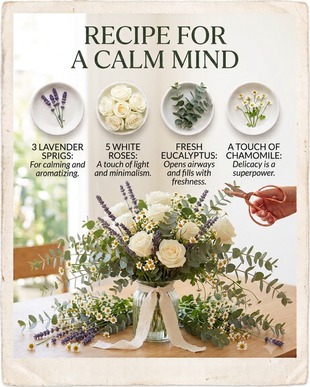 Recipe for a Calm Mind 🌿

Did you know that the right flowers can shift the energy of your entire week? Today, we’ve prepared a "menu" specifically designed to reset your space and fill it with peace.

📝 Ingredients:

Lavender sprigs: To slow down the pace and sweeten your mornings.

White roses: The touch of light and minimalism your mind needs to see upon waking.

Fresh eucalyptus: Opens your airways and fills your home with that clean forest scent.

A touch of Chamomile: Because delicacy is also a superpower.

✨ Preparation:
Place them in your favorite corner (we highly recommend your nightstand or your home office desk), add fresh water, and change it every two days.

Feel like you need this dose of calm in your home? 

#CreativeFloristry #FloralRecipes #FloralDesign #FlowersForTheSoul #FloralDecor #WellnessTips #FlowerLove#EustisFloerist#HomeDecor#ShopLocalEustis